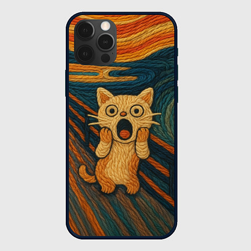 Чехол iPhone 12 Pro Max Котик Крик - вязаный нейроарт / 3D-Черный – фото 1