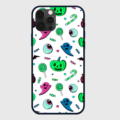 Чехол iPhone 12 Pro Max Halloween light green pumpkin - паттерн / 3D-Черный – фото 1