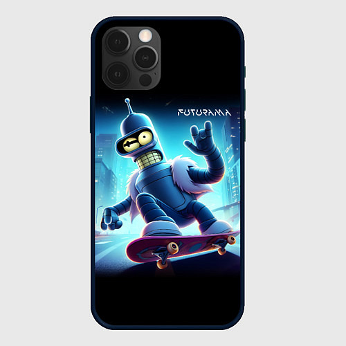 Чехол iPhone 12 Pro Max Bender is a skateboarder in neon street - ai art / 3D-Черный – фото 1