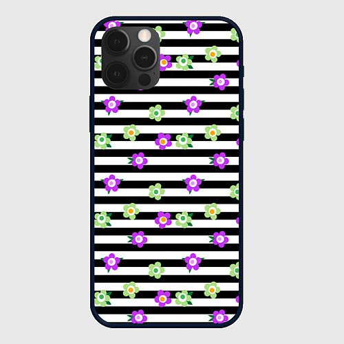 Чехол iPhone 12 Pro Max Фиолетовые зеленый цветы на черно белом полосатом / 3D-Черный – фото 1