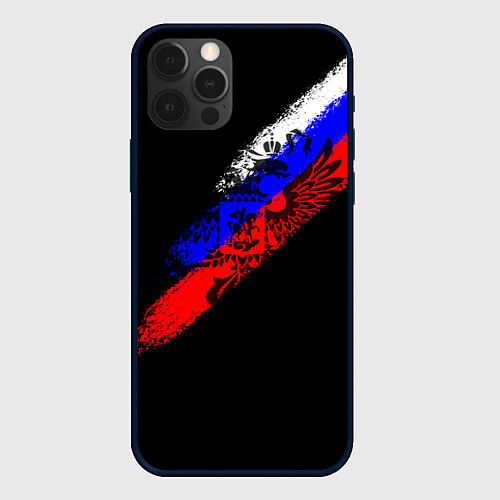 Чехол iPhone 12 Pro Max Герб на фоне цветов флага на чёрном фоне / 3D-Черный – фото 1