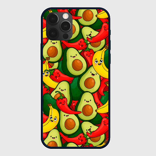 Чехол iPhone 12 Pro Max Авокадо, бананы, перцы чили улыбаются - паттерн фр / 3D-Черный – фото 1
