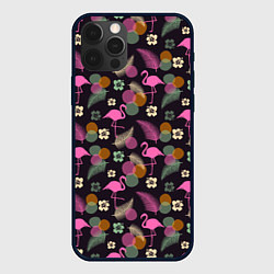 Чехол для iPhone 12 Pro Max Фламинго и листья на темно-синем, цвет: 3D-черный