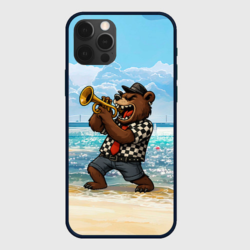 Чехол iPhone 12 Pro Max Медведь играет ска на пляже / 3D-Черный – фото 1