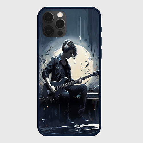 Чехол iPhone 12 Pro Max Играющий на гитаре в свете Луны музыкант / 3D-Черный – фото 1