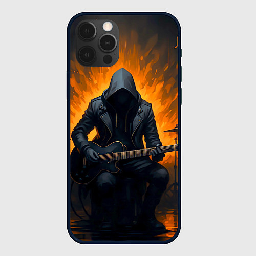 Чехол iPhone 12 Pro Max Гитарист играющий в пламени / 3D-Черный – фото 1