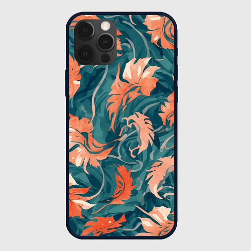 Чехол iPhone 12 Pro Max Рыже-бирюзовый паттерн с осенними листьями, AI / 3D-Черный – фото 1