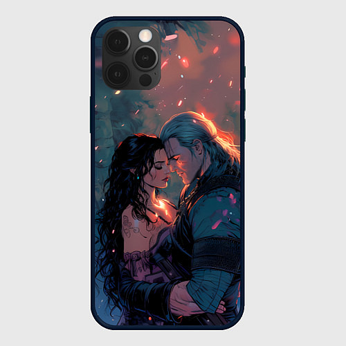 Чехол iPhone 12 Pro Max Йеннифэр и Геральт и розовые лепестки / 3D-Черный – фото 1