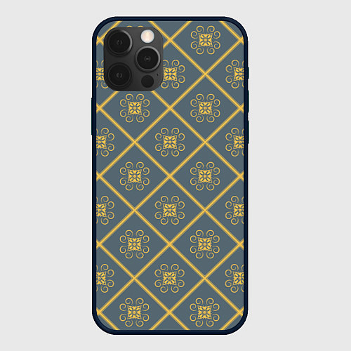 Чехол iPhone 12 Pro Max Винтажный орнамент в ромбах синий с желтым / 3D-Черный – фото 1