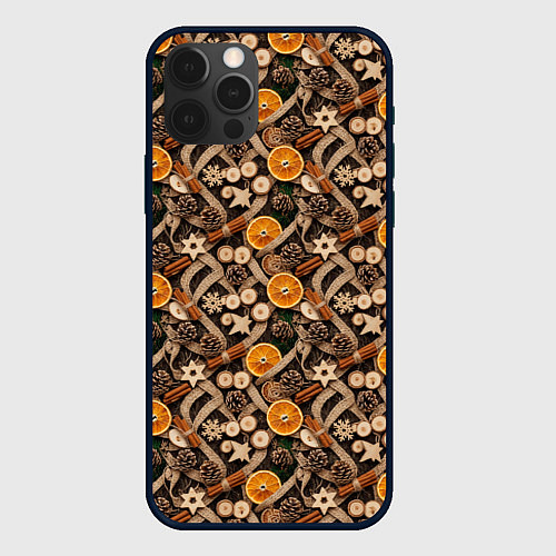 Чехол iPhone 12 Pro Max Новогодний орнамент с корицей и дольками апельсина / 3D-Черный – фото 1