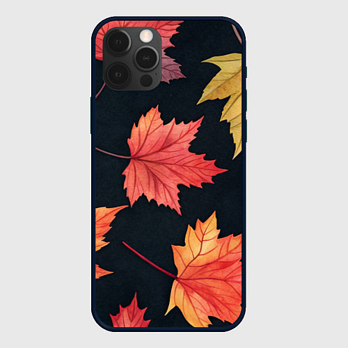 Чехол iPhone 12 Pro Max Кленовые листья на черном - акварельный паттерн / 3D-Черный – фото 1