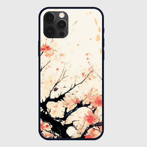 Чехол iPhone 12 Pro Max Чёрное дерево с цветами абстракция / 3D-Черный – фото 1