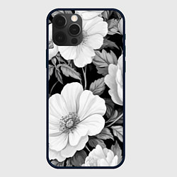Чехол для iPhone 12 Pro Max Чёрно-серый цветочный паттерн, цвет: 3D-черный