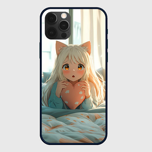 Чехол iPhone 12 Pro Max Аниме девушка в кровати с сердцем / 3D-Черный – фото 1