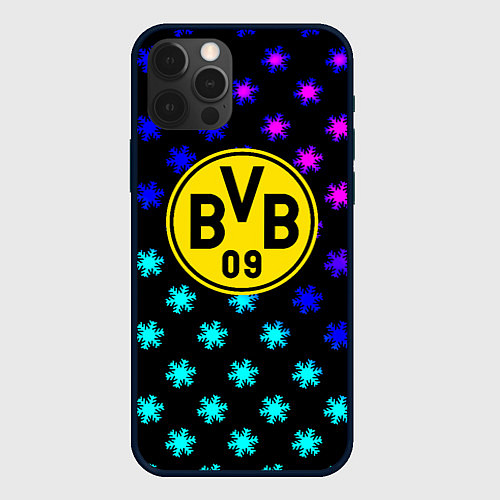 Чехол iPhone 12 Pro Max Borussia неоновые снежинки / 3D-Черный – фото 1
