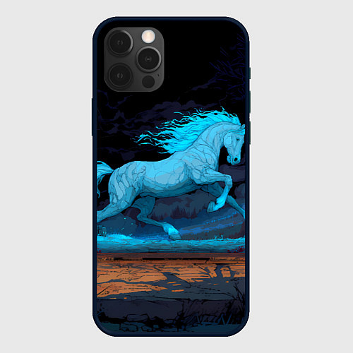 Чехол iPhone 12 Pro Max Лошадь в синем свете / 3D-Черный – фото 1