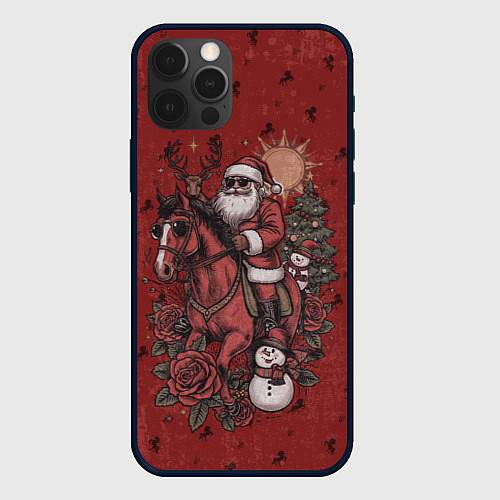 Чехол iPhone 12 Pro Max Санта Клаус на красном коне верхом / 3D-Черный – фото 1