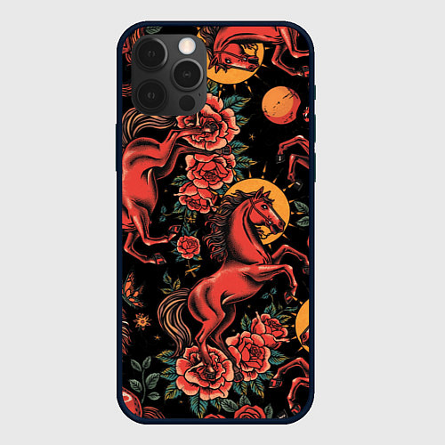 Чехол iPhone 12 Pro Max Красная лошадь с розами / 3D-Черный – фото 1