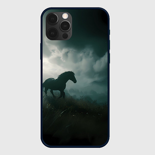 Чехол iPhone 12 Pro Max Лошадь в поле - буря / 3D-Черный – фото 1