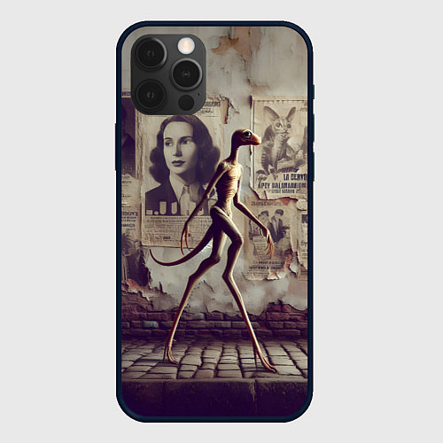 Чехол iPhone 12 Pro Max Пришелец идёт вдоль стены с рваными афишами / 3D-Черный – фото 1
