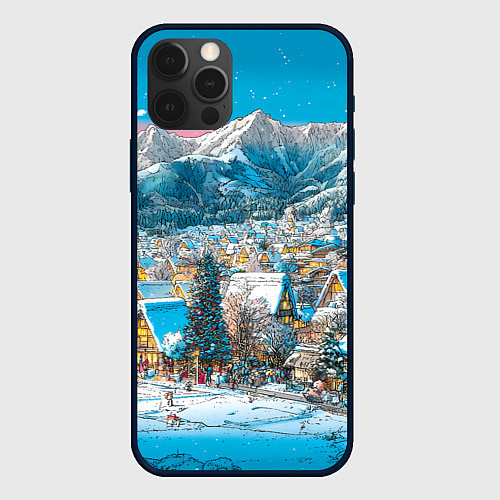 Чехол iPhone 12 Pro Max Новогодняя деревушка в горах / 3D-Черный – фото 1