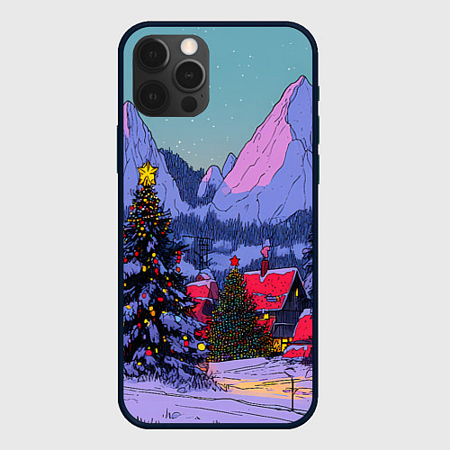 Чехол iPhone 12 Pro Max Новогодние елки в горном городке / 3D-Черный – фото 1