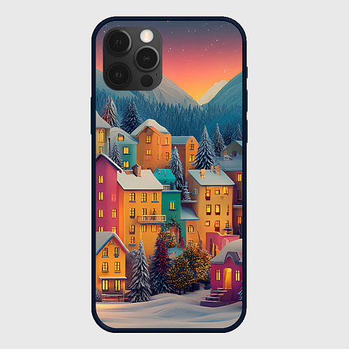 Чехол iPhone 12 Pro Max Новогодний город в горах / 3D-Черный – фото 1