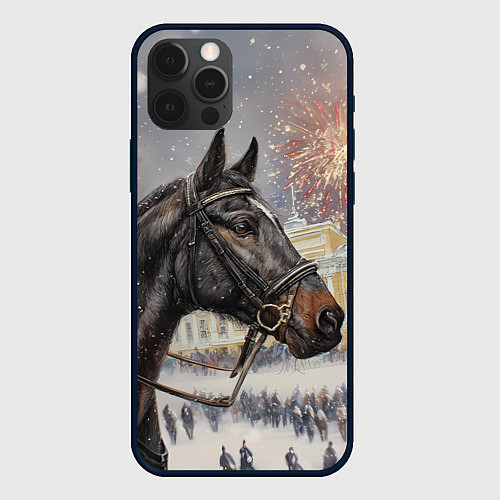 Чехол iPhone 12 Pro Max Конь на фоне салюта / 3D-Черный – фото 1