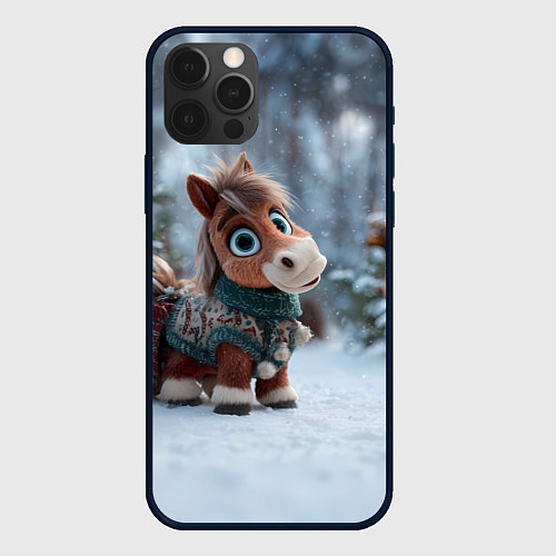 Чехол iPhone 12 Pro Max Маленькая лошадка в новогоднем лесу / 3D-Черный – фото 1