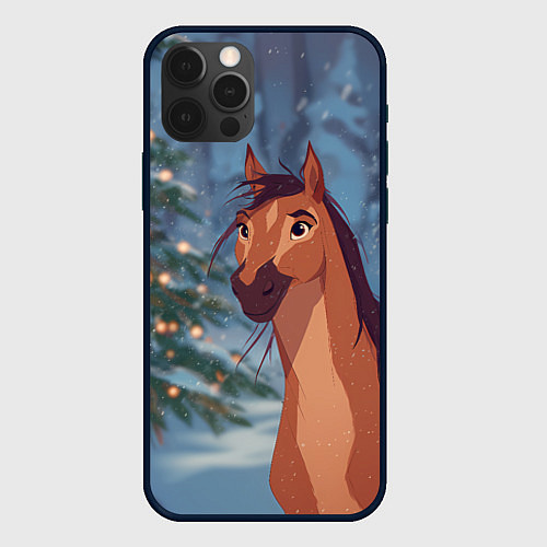 Чехол iPhone 12 Pro Max Лошадь на фоне новогодней елки / 3D-Черный – фото 1