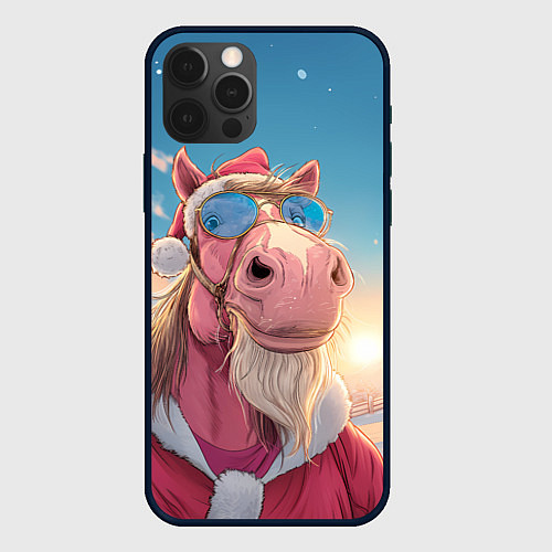 Чехол iPhone 12 Pro Max Новогодний конь сэлфи / 3D-Черный – фото 1
