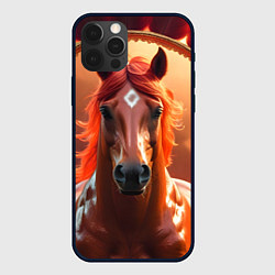 Чехол iPhone 12 Pro Max Огненная лошадь на коричневом фоне