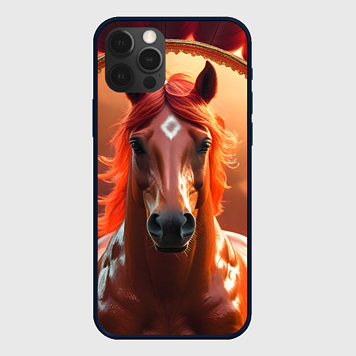 Чехол iPhone 12 Pro Max Огненная лошадь на коричневом фоне / 3D-Черный – фото 1