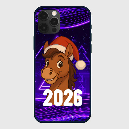 Чехол iPhone 12 Pro Max 2026 новогодняя лошадка на фоне фиолетовых елок / 3D-Черный – фото 1