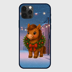 Чехол для iPhone 12 Pro Max Лошадка с новогоднем венком 2026, цвет: 3D-черный