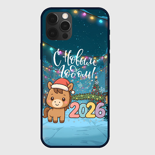 Чехол iPhone 12 Pro Max Новогодняя лошадка 2026 год / 3D-Черный – фото 1