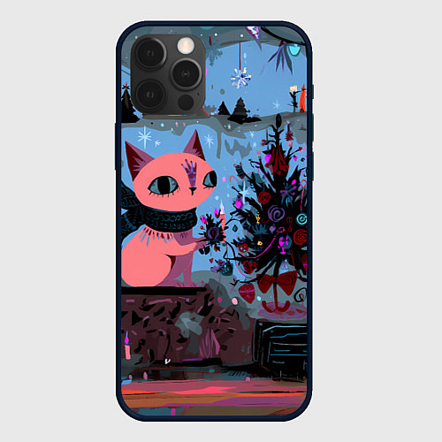Чехол iPhone 12 Pro Max Кошка празднует Новый год / 3D-Черный – фото 1