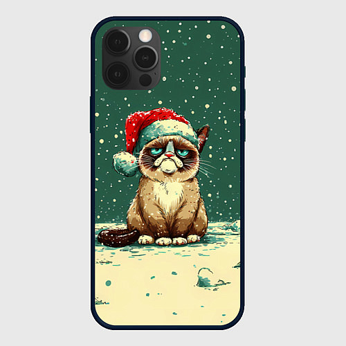 Чехол iPhone 12 Pro Max Печальный Новогодний мем кот / 3D-Черный – фото 1