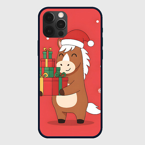 Чехол iPhone 12 Pro Max Новогодняя лошадка с подарками / 3D-Черный – фото 1