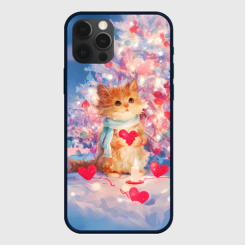 Чехол iPhone 12 Pro Max Милый котенок и новогодняя елка / 3D-Черный – фото 1
