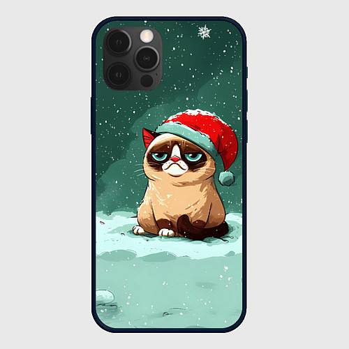 Чехол iPhone 12 Pro Max Мем Новогодний котик / 3D-Черный – фото 1