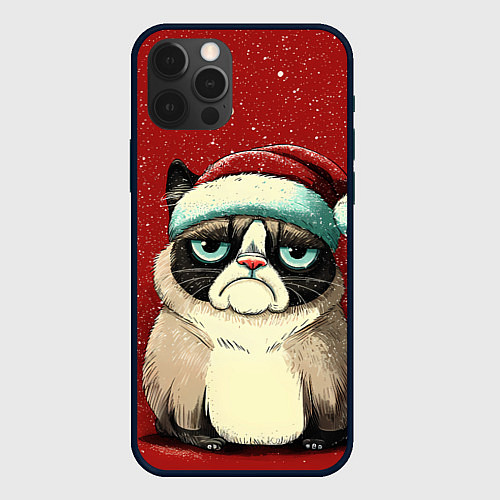 Чехол iPhone 12 Pro Max Грустный Новогодний мем котик / 3D-Черный – фото 1