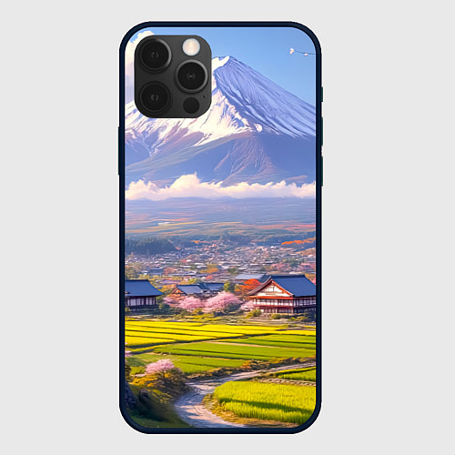 Чехол iPhone 12 Pro Max Сакура у подножия Фудзиямы / 3D-Черный – фото 1