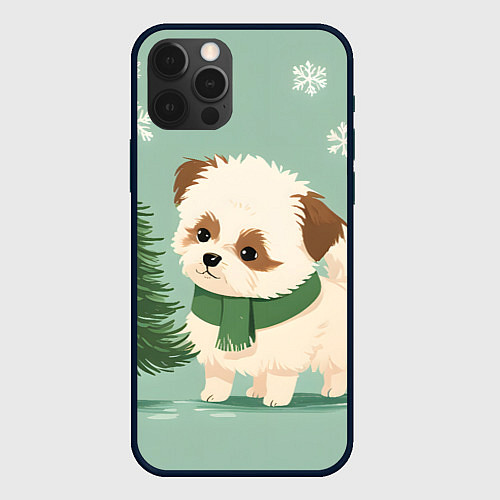 Чехол iPhone 12 Pro Max Новогодний песик с елочкой / 3D-Черный – фото 1