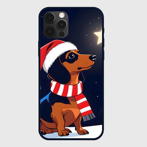 Чехол iPhone 12 Pro Max Новогодняя такса и звезды / 3D-Черный – фото 1