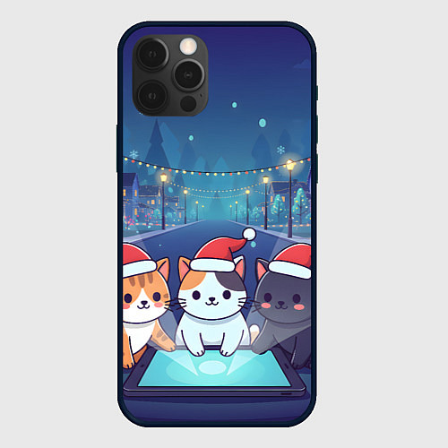 Чехол iPhone 12 Pro Max Новогодние котики с планшетом / 3D-Черный – фото 1