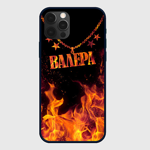 Чехол iPhone 12 Pro Валера - кулон на цепи в огне / 3D-Черный – фото 1