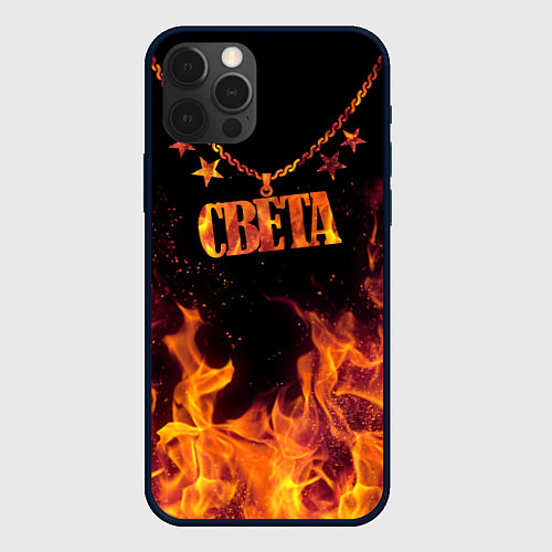 Чехол iPhone 12 Pro Света - кулон на цепи в огне / 3D-Черный – фото 1