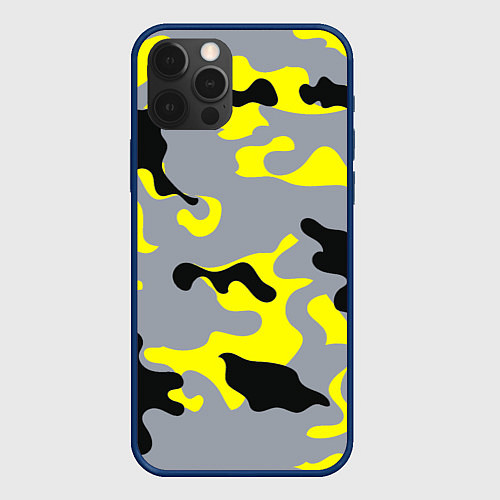 Чехол iPhone 12 Pro Yellow & Grey Camouflage / 3D-Тёмно-синий – фото 1