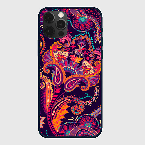 Чехол iPhone 12 Pro Орнамент пейсли - розовый / 3D-Черный – фото 1